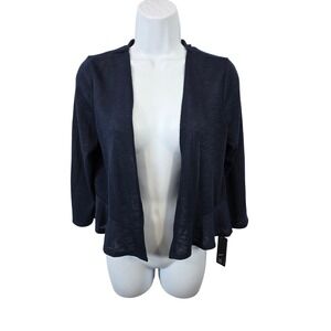 BCX Womens Navy Blue Slub Knit Open Front Ruffle Hem Shrug Cardigan Large L NEW